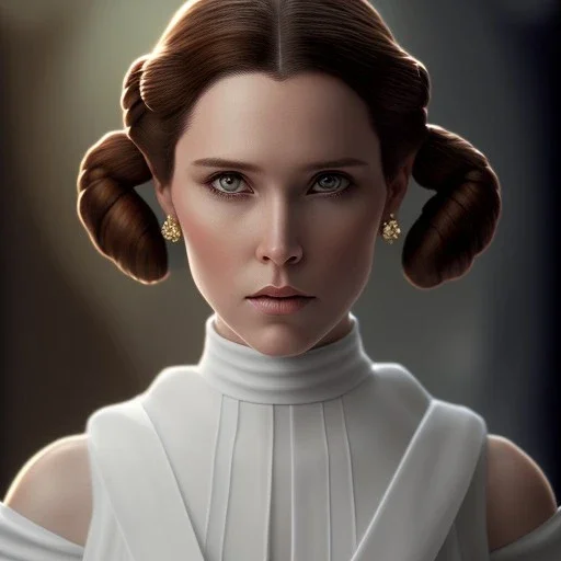 stunning half-body portrait photo of princess leia from Star Wars, hazel iris, wlop, artgerm, akihiko yoshida, and liang xing, detailed face, doe eyes, intricate braided hair style, symmetrical eyes, trending on artstation, highly detailed, white dress, dynamic pose, intricate outfit, space ship and galaxy background