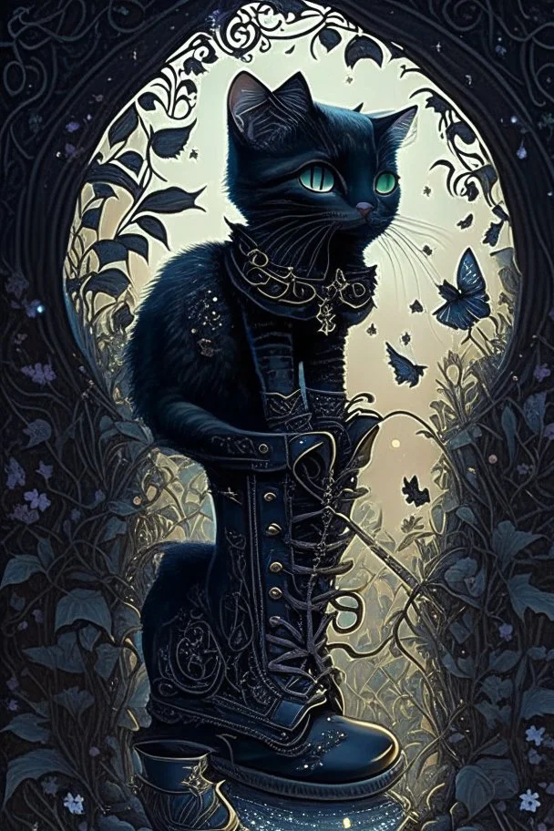 dark fantasy, intricate cover, a whimsical fairytale with a cat in boots