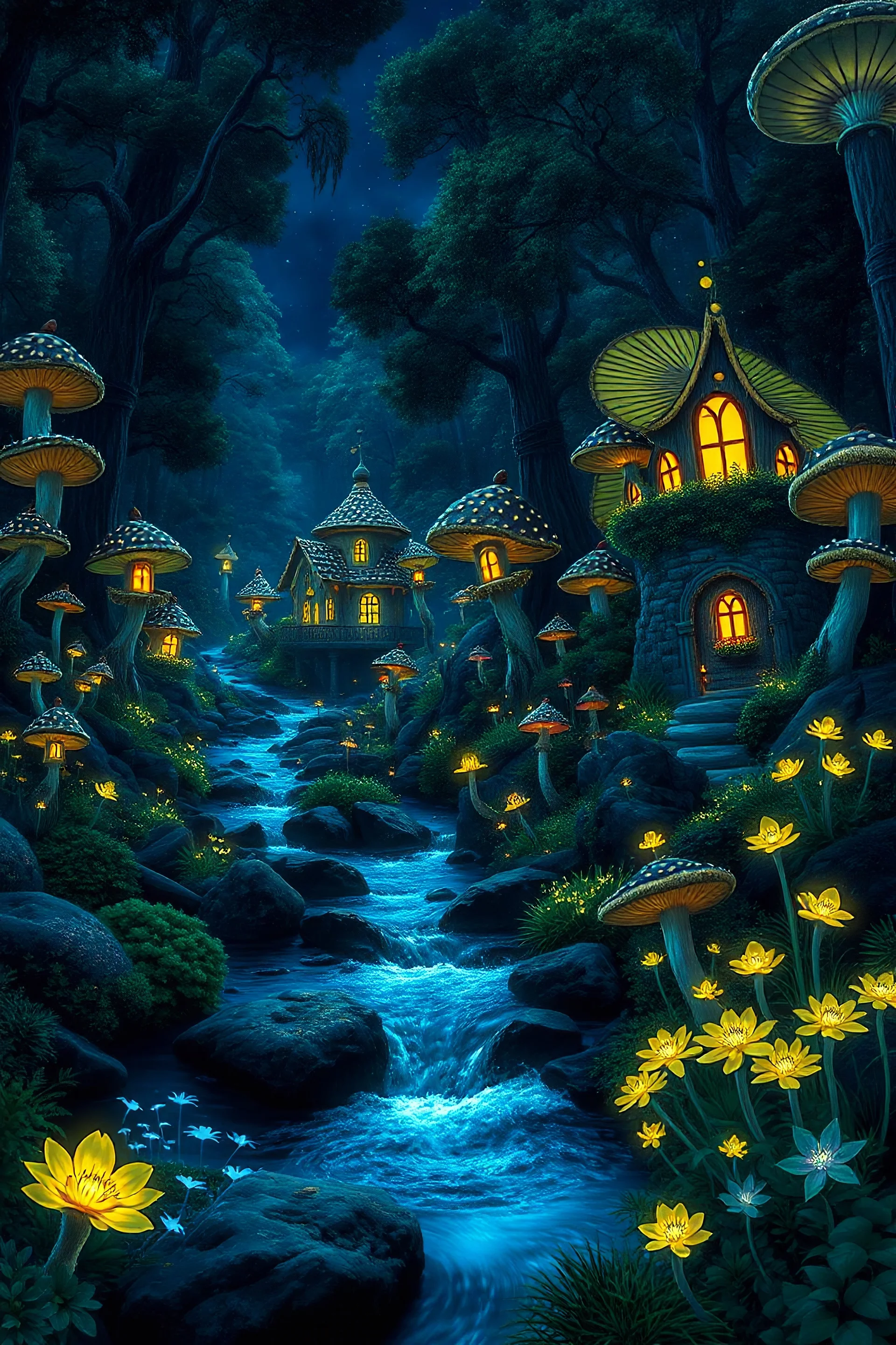 a stream flowing through a dense fantastic forest full of glowing mushrooms, night background, mushroom houses with glowing windows, dazzling lights, river, rocks, glowing plankton near the riverbank, fantastic bioluminescent flowers, blue color prevails, high detail, high image quality. quality