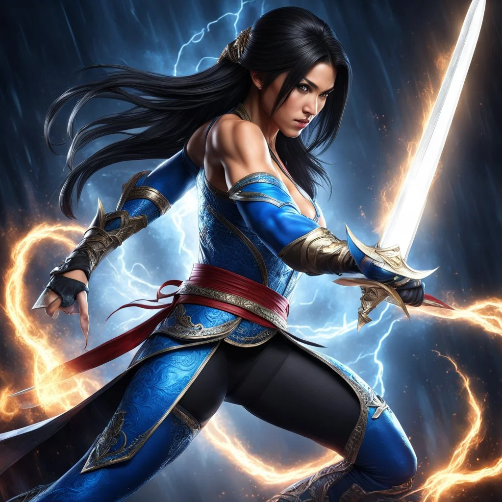 Fhoto full body, reality, Raw, kitana vs Liu kang, super magic storm, mortal combat, sword, sexy killer, digital art, intricate details, powerful composition, captivating, , trending on artstation, sharp focus, studio photo, intricate details, highly detailed, by addiedigi