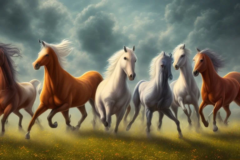 illustration horses of different colors in a field from afar