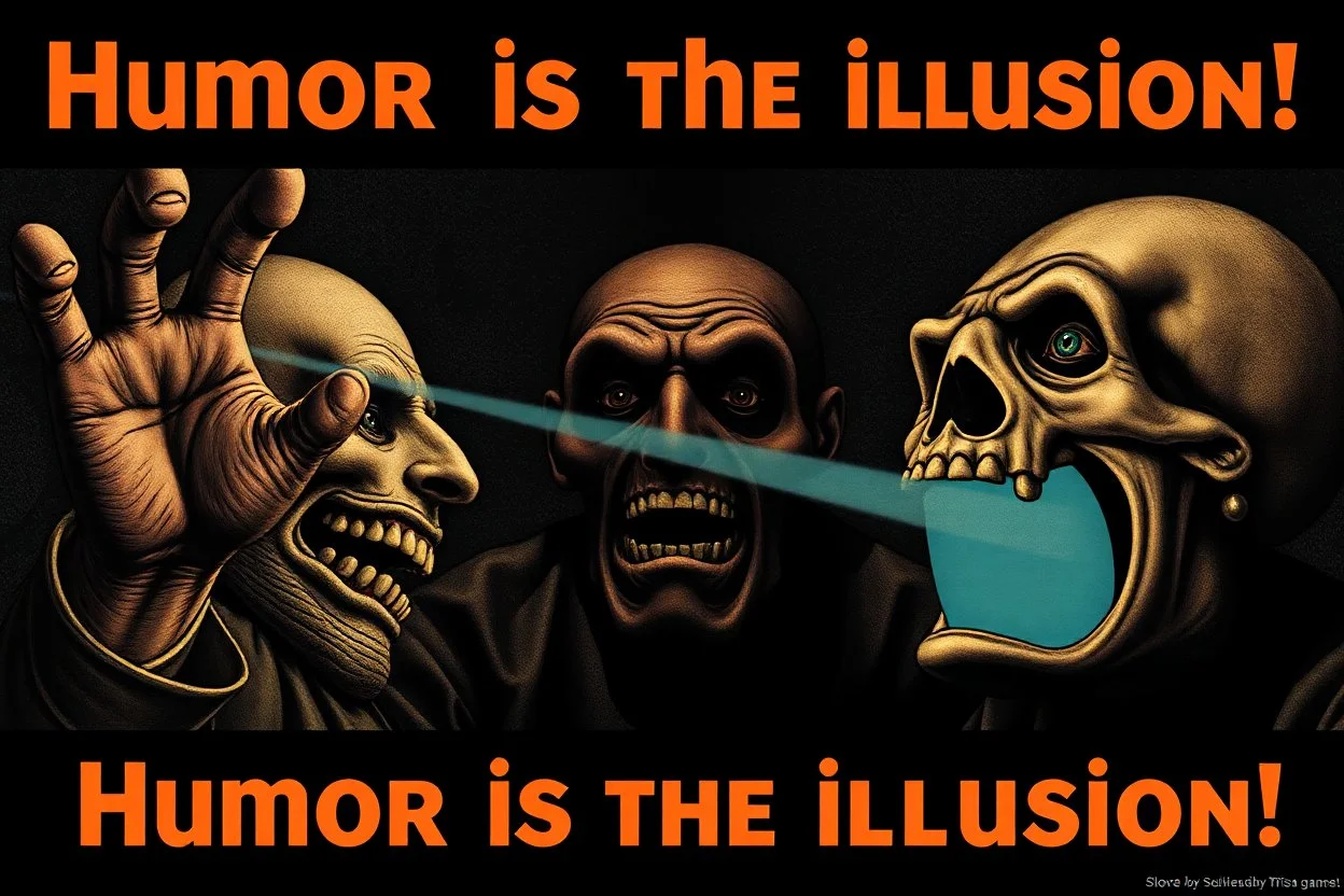 "Humor is the illusion!" propaganda poster in the style of Rembrandt, Escher and Giger