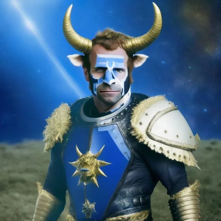 portrait President Macron as a space barbarian bovine-person