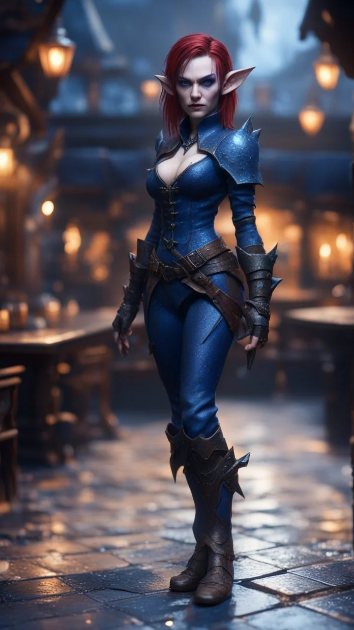 full figure with metallic stone gauntlets holding dark blue jagged dagger, standing on wet tiled floor outside fantasy tavern, female vampire elf from worms armageddon wearing makeup, bokeh like f/0.8, tilt-shift lens 8k, high detail, smooth render, down-light, unreal engine, prize winning