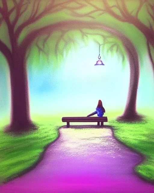 park mystical dream, park bench, man, woman, child, dog, trees, path, bird, sunshine, mystical, fantasy, romanticism, pastel colors, daylight, daytime, acrylic painting, detailed, soft focus,