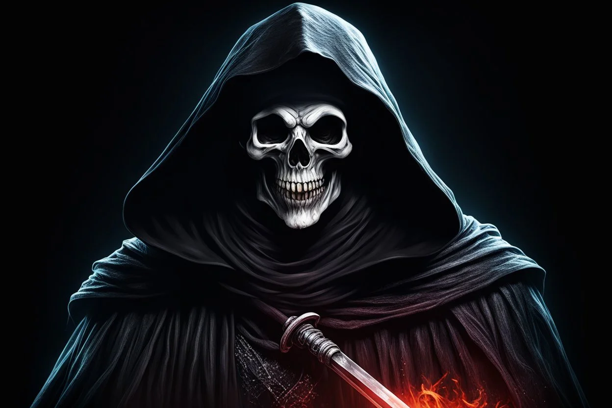 ultra high image quality, Grim Reaper Close-up of an set against AMOLED-worthy pure black backdrop, fantasy art style infused with filter, tailored for vertical wallpaper, exclusive design with no duplicates, radiating beauty suitable for a PC screen image, vivid colors, ultra fine, digital painting.