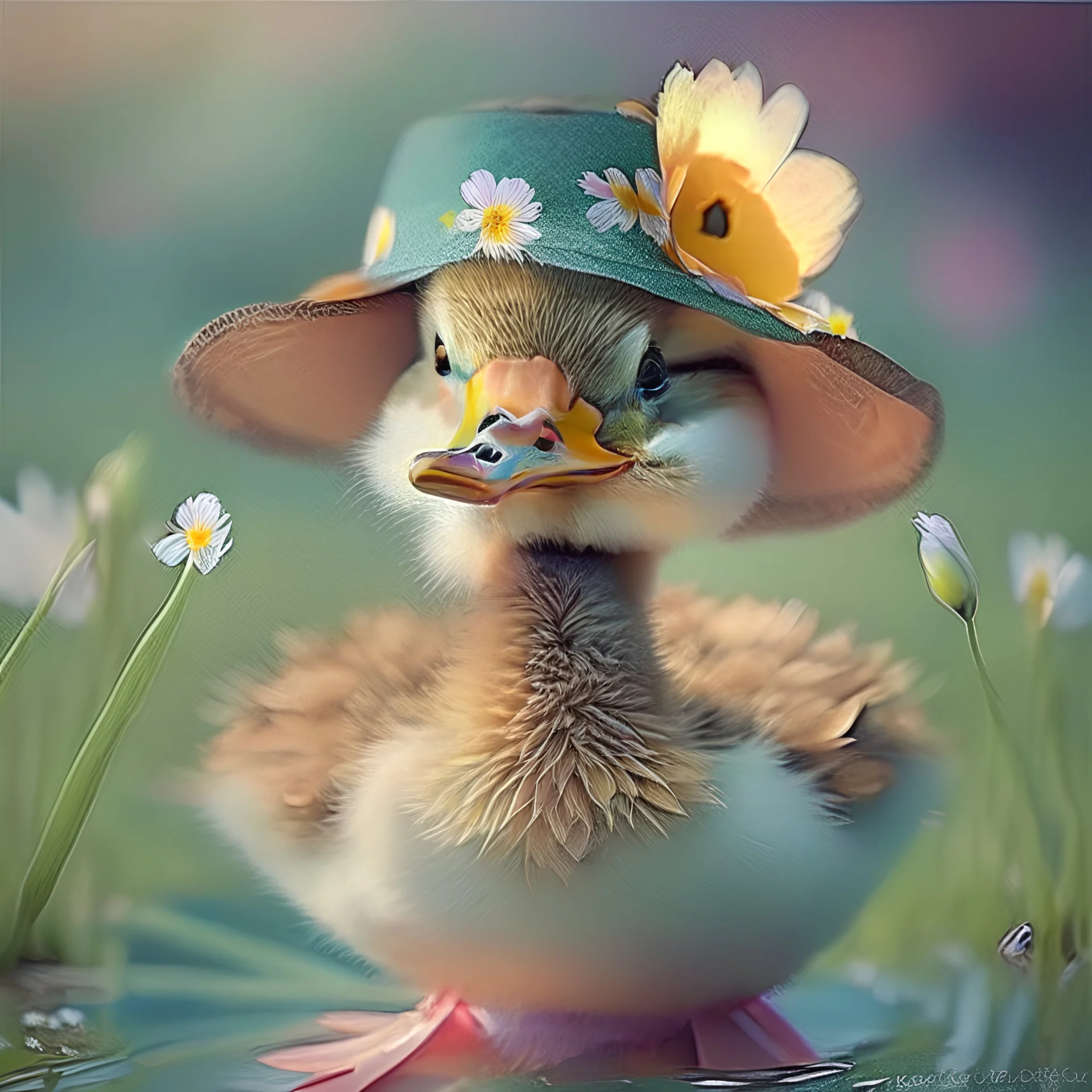 A cute image of a duck with a flower hat