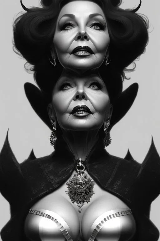 Joan Collins as evil queen in black leather, leather, busty, cleavage, angry, stern look. character design by cory loftis, fenghua zhong, ryohei hase, ismail inceoglu and ruan jia. unreal engine 5, artistic lighting, highly detailed, photorealistic, fantasy