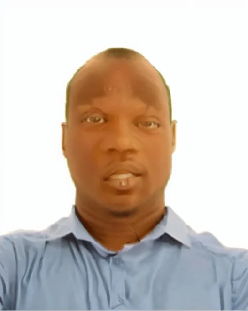 passport picture of black man with a brown shirt and hidden facial mark