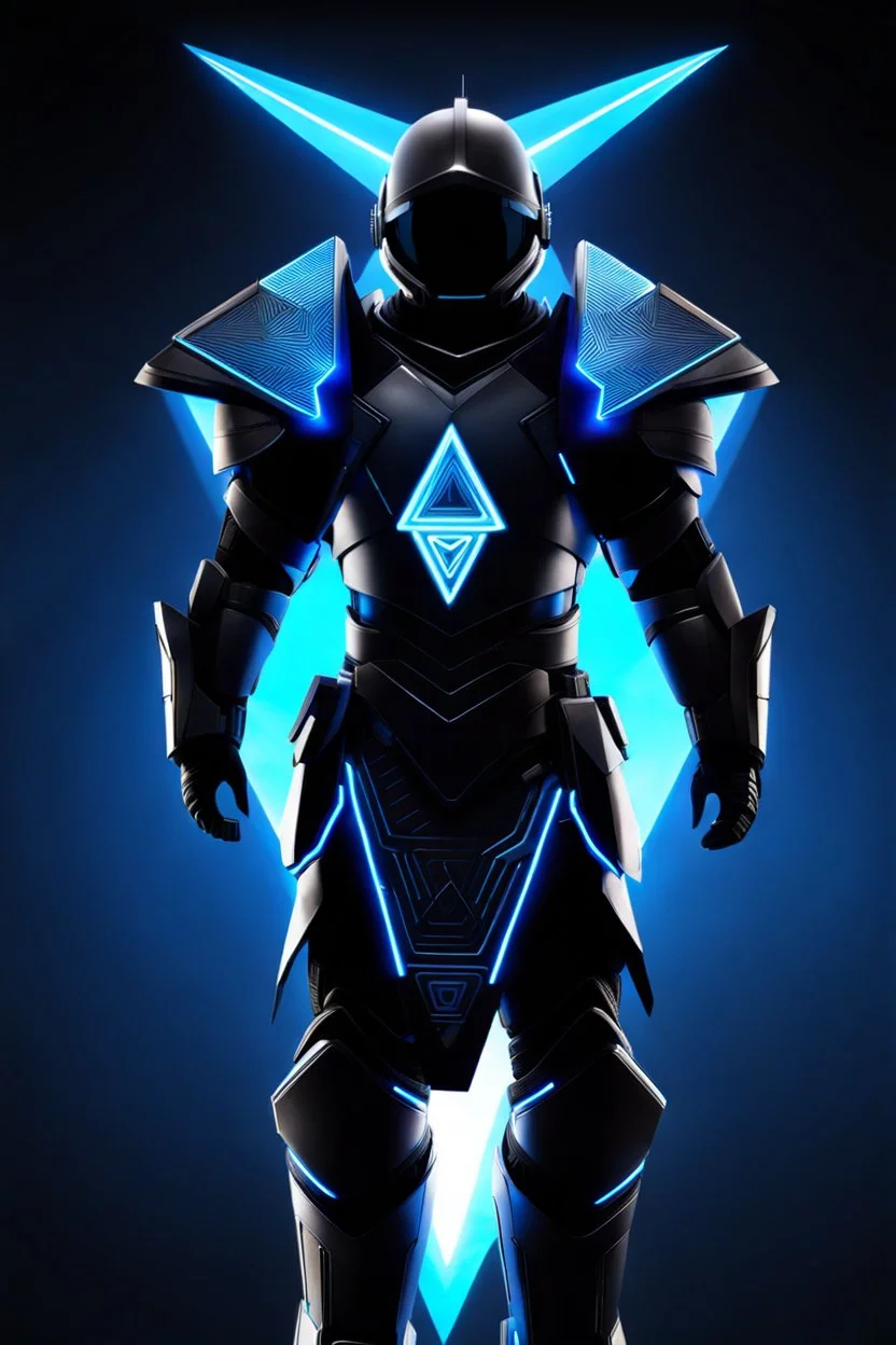 neon blue, floating triangle of light orbiting behind the back, cyber armor, geometric patterns on armor, male, orbiting triangle