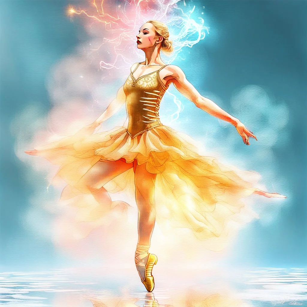 Double Exposure Blonde ballerina in gold embroidered dance clothes tiptoes on an ice surface, surrounded by smoke and fire rising from the ice surface and falling from the sky, with colorful fireworks in the background, breathtaking fantasy art, breathtaking digital art, stunning digital art. , dramatic fantasy art, surreal digital artwork , inspired by Liz Dharma, by Liz Dharma, magical realism and dark fantasy, trendy digital fantasy art, dark fantasy digital art, accurate and undistorted huma