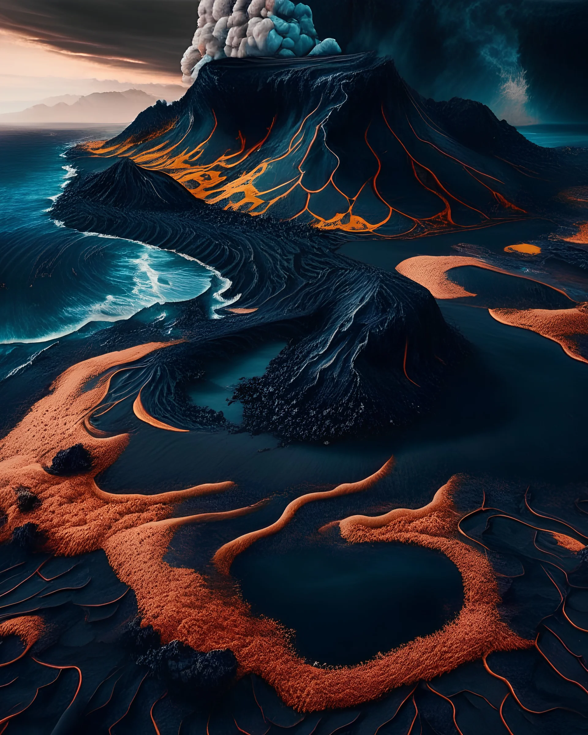 A volcanic island with black sand beaches, surrounded by lava that flows into the ocean, forming otherworldly patterns