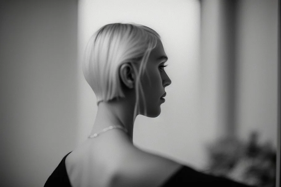 Mujer rubia de espaldas, retrato primer plano., iluminada desde desde el rostro hacia la cámara, Imagen en blanco y negro vaporoso, al estilo de la foto del fotógrafo Hugo Alonso.