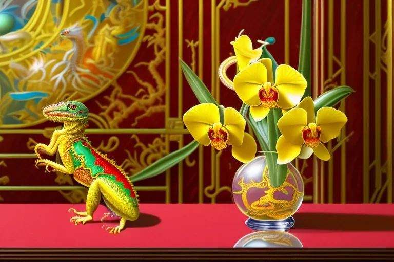 1512857901 hypersigil photograph of a beautiful yellow and red orchid in a clear glass rococo inspired vase on a mirrored deco themed end table in a shadowy corner of a nouveau era room with wood paneling in the style of Robert maplethorpe, tropical birds, lizards, snakes, insects, gorgeous, shamanic, ethereal, photorealistic, embellishments, long shot, wide shot, dof, deep focus, 3d render