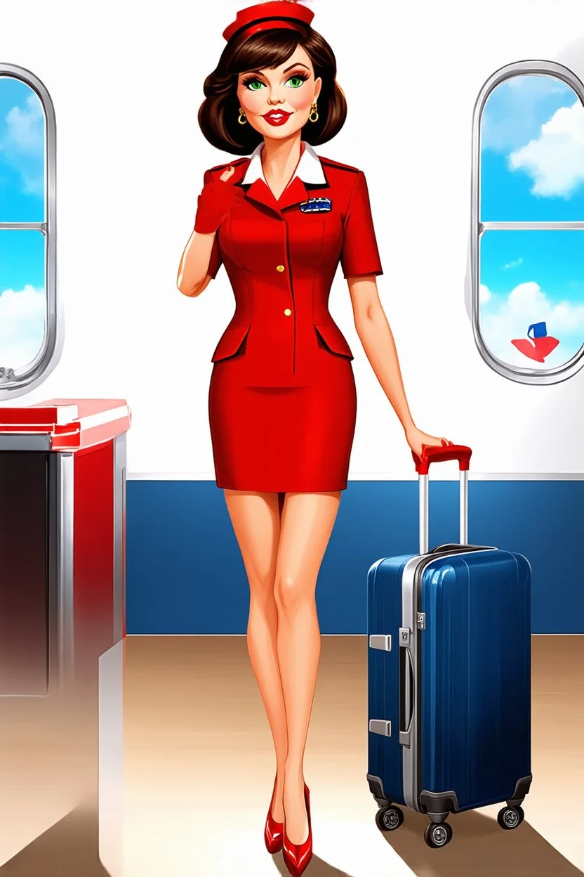 pin-up style realistic cartoon of 50 year old French brunette stewardess in short and tight red uniform dress with green eyes, very red lips and long eyelashes, shiny red heels and a cabin suitcase
