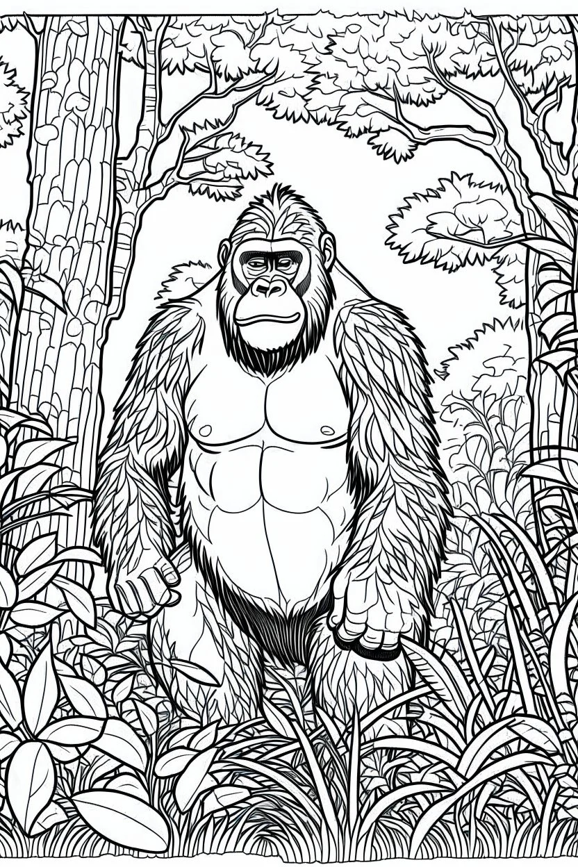 Outline art, no shading, gorilla full body in the garden, cartoon style, black and white, low detail, --ar 9:11