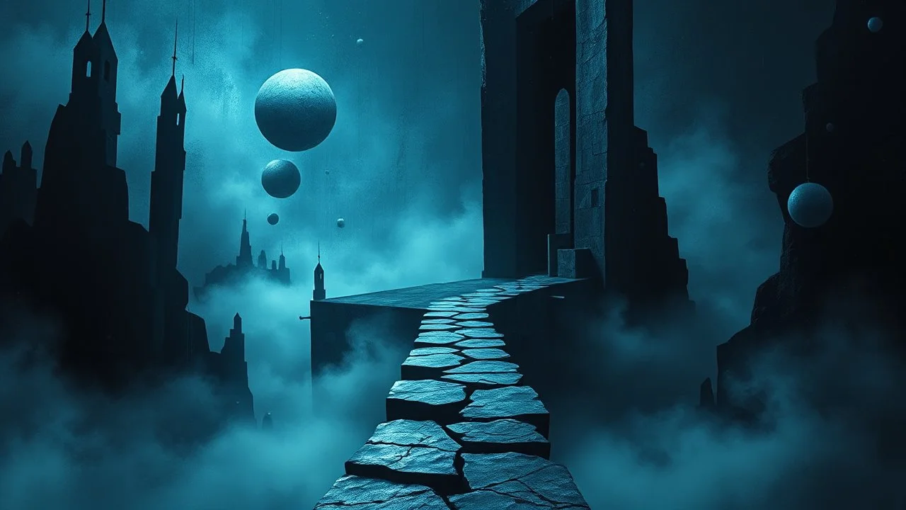 passage over nothingness, surreal, dark and cold abstract artwork dominated by deep blue, icy cyan, charcoal black and muted steel-grey tones. An narrow passageway emerges from an abstract distorted weird landscape, surrounded by thick fog and drifting mist. The space feels nightmare, alien and unsettling, with floating circles and balls geometric forms, fragmented architecture, perspective. At the center of the composition cracked stone way over abyss