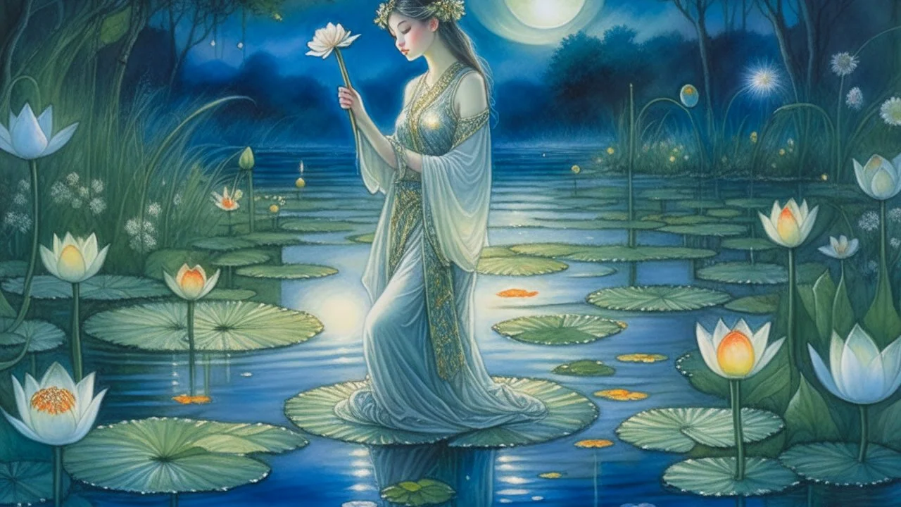 A watercolor painting with intricate brush strokes capturing the delicate beauty of Ophelia in a flowing tunic, surrounded by blooming lotus flowers, her thighs glowing in the moonlight, and reeds swaying gently in the background. The scene exudes a dreamlike quality, with a sense of tranquility and mystery permeating the atmosphere. This version focuses on the ethereal and poetic elements of the image.