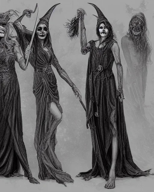 Phorcides (the three blind witches) portraits, Greek mythology, passing the eyeball between them, 8k resolution concept art, dynamic lighting, intricately detailed, hyperdetailed, gothic, creepy, unsettling, disfigured