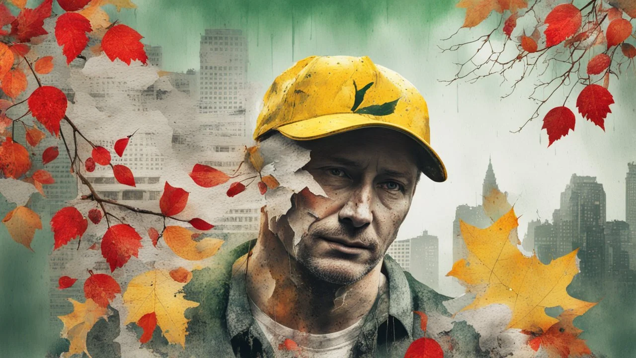 background old, cracks, yellow, torn canvas, gouache, double exposure, man, baseball cap, 40 years old, fine drawing, blots, newspaper scraps, leaves, green, autumn, rain, city, branches, red rowan berries, 8K, double exposure