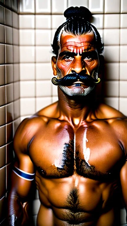 strong stocky marocan with chevron moustache 40 years old under the shower, hands over the head, big tights, wet, in an old bathroom, misery and poverty, photorealism, 35mm lens, ultra detailed, extreme close up photo