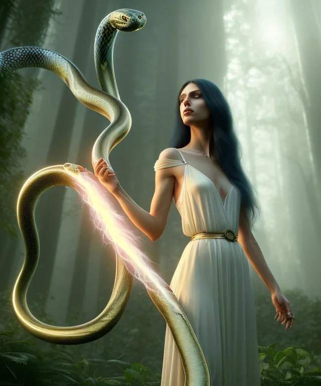 Holy Virgin, celestial light, beautiful, long fabric dress, beautiful long black hair to the waist, big snake around body, grabbing snake, head and shoulders portrait, 8k resolution concept art portrait by Greg Rutkowski, Unreal Engine 5 volumetric lighting