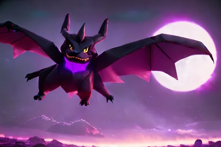 box art legendary dark type pokemon. Chaos. Black and purple colors. big. intimidating. moon. night. god.