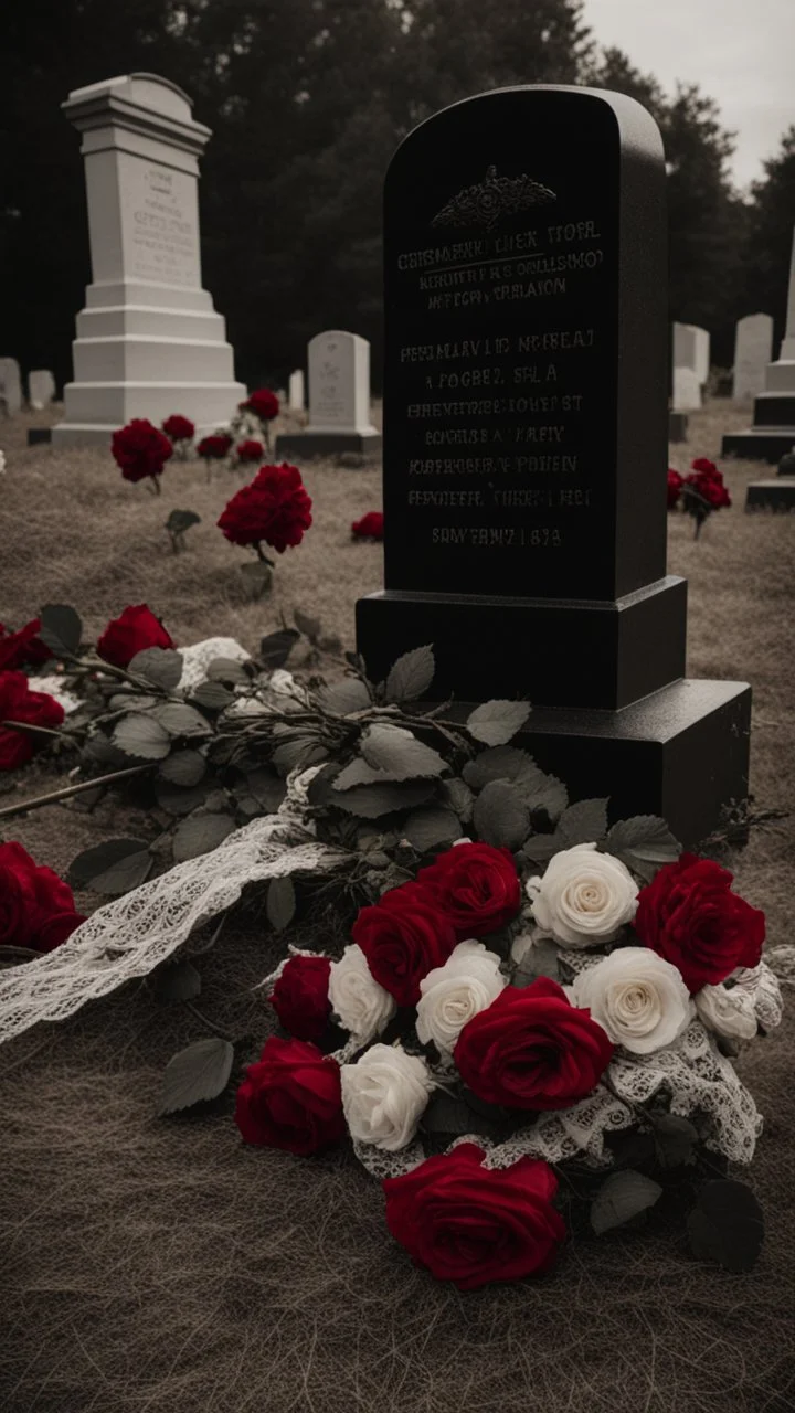 A grave in a field full of r ed roses. Above the grave is a white lace scarf and a gun.cinematic