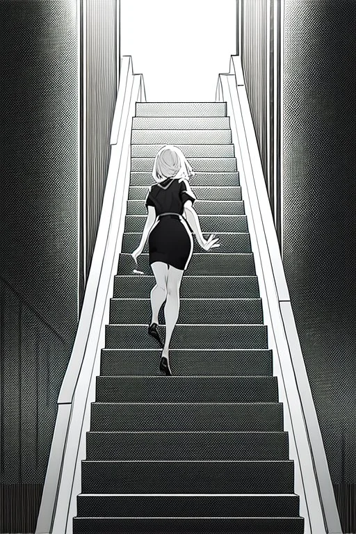 girl runs on the stairs, greyscale