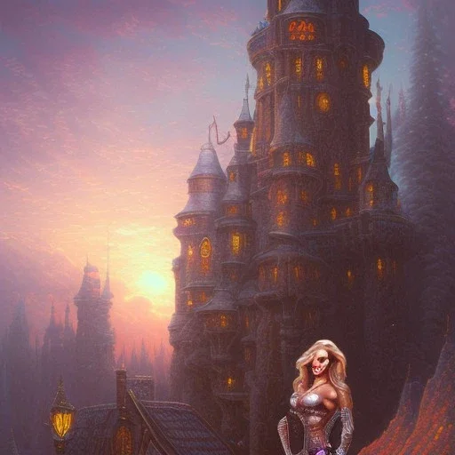 cyberpunk, blonde female bodybuilder, castle fortress by thomas kinkade gerald brom whelan