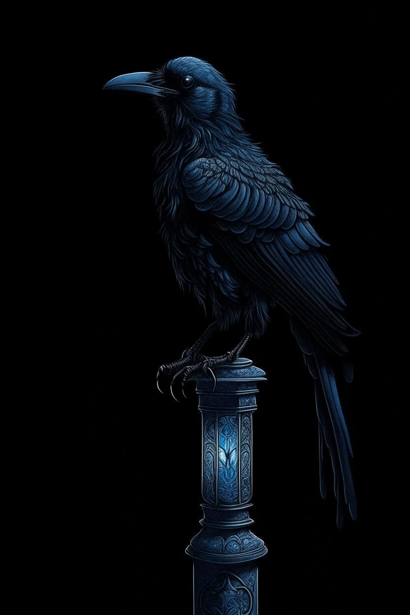 on an old black lamppost, a blue crow is sitting,a golden greenish suspension,diamond dust, on a black background, macrodetalization, carved,filigree drawing of a drawing,fiction,surrealism, hyperdetalization, aesthetically pleasing, beautiful,ink and colored marker drawing, sharpness,1024 k, octane, depth of field