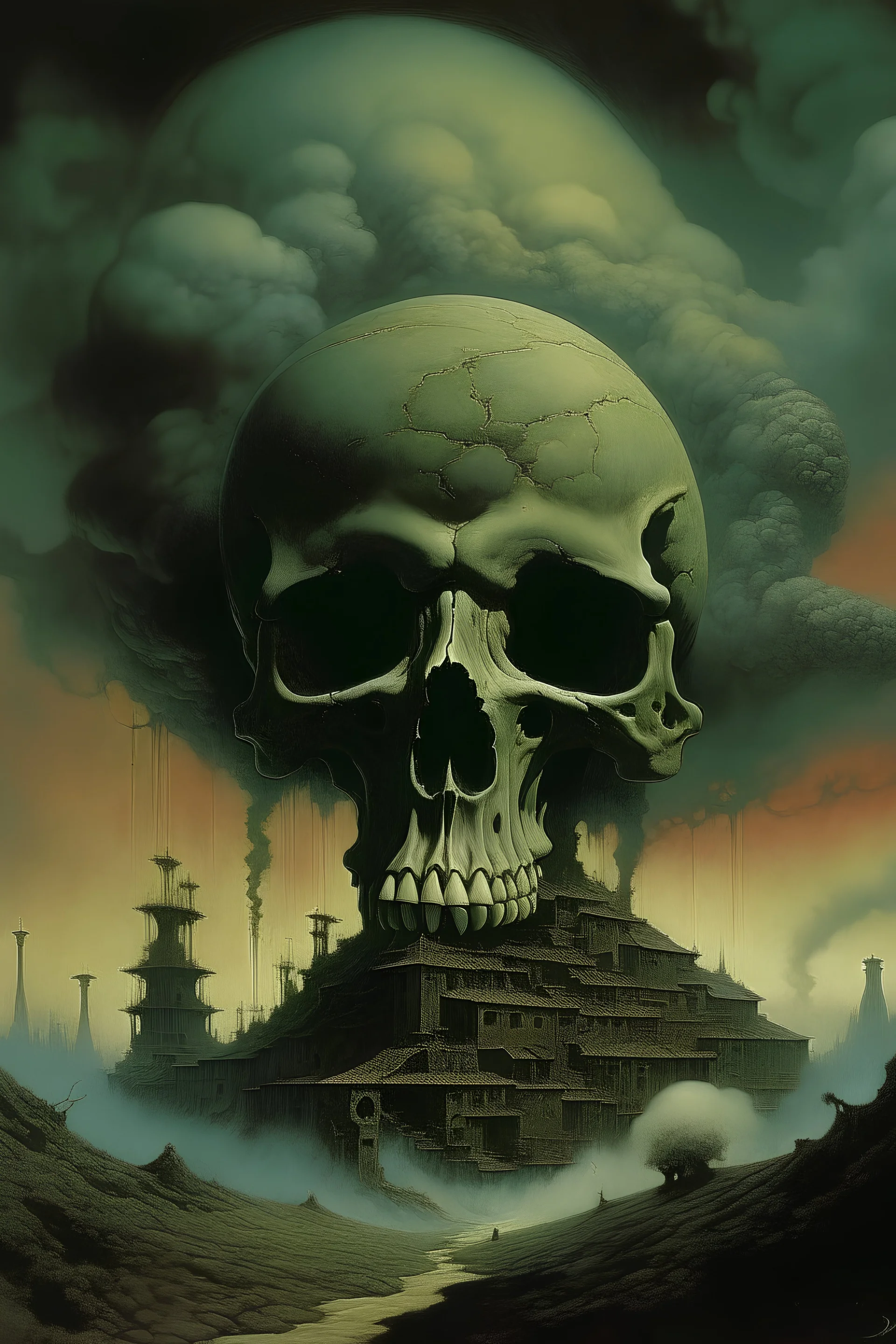 A factory spewing a toxic cloud in the form of a skull,in the style Zvidslav Beksinski