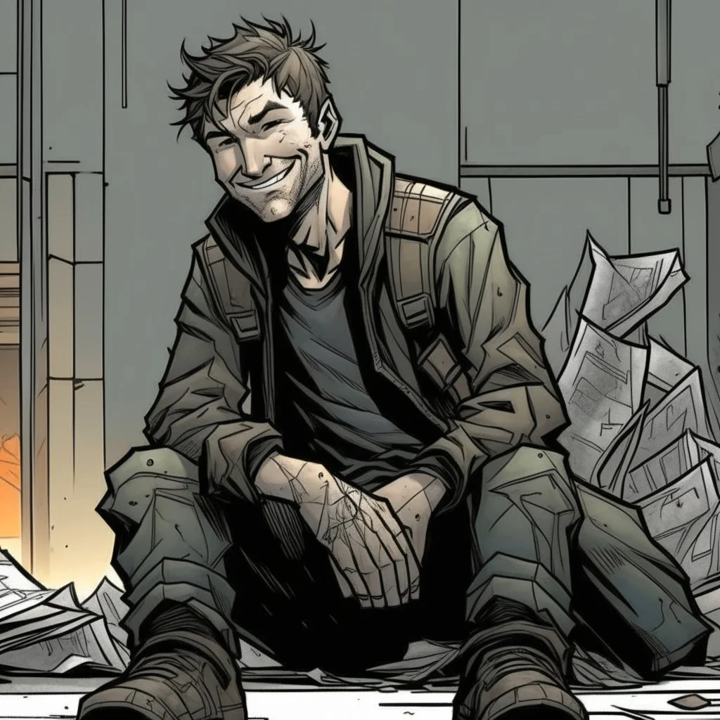 man, ethan hawk, sitting, smiling, comic book, post-apocalypse, grey background, illustration,