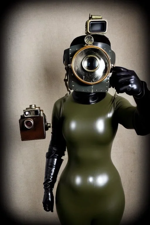 Steam-punk style random-mask. Large fencing mask covers cheeks. Hot girls. Reflective surface on face, full coverage, reflective. Camera lenses as eyes. Head full of integrated old-fashioned cameras. Army green surfaces body, latex. Perfect body, thick thighs and calves. Asa Akira. SElfie with old-fashioned cameras in both hands. Wide hip, skirt bleats nicely. Camera at mons veneris. Partly symmetrical. Black wide leather belt with camera. Euclidean 3D-tiling walls. surrealistic atmosphere