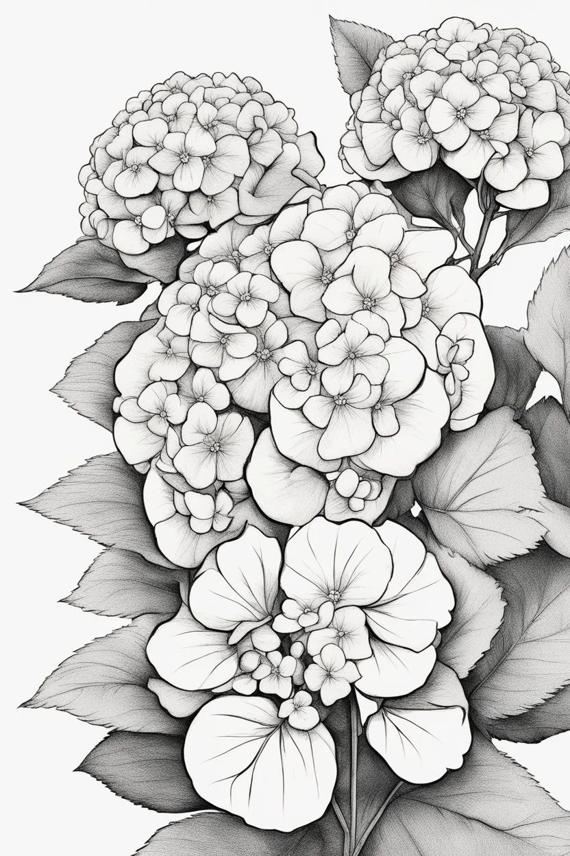 outline art of Hydrangeas only black and white, no colour , White background. sketch style, clean line art, white background, no shadow and clear, no people, no colour, for book