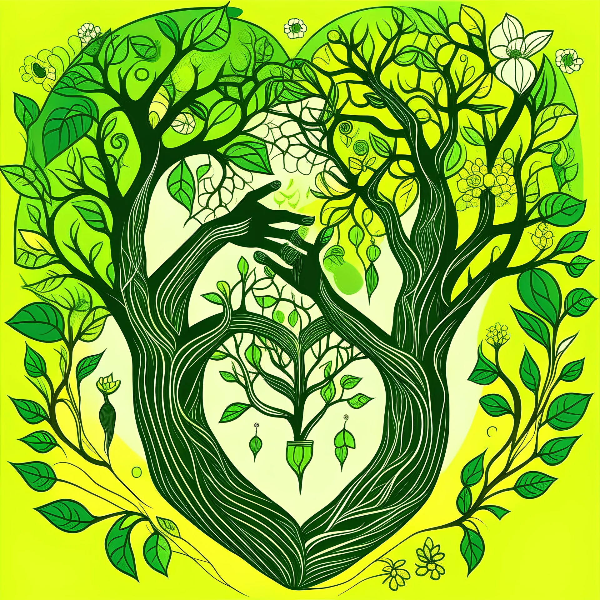 Someone holding his girlfriend's hand to express his love for her with a heart shaped sound hole. The Someone has vines growing from his head with heart shaped flowers growing from the americain brain up into a beautiful tree. only use colours green colour #468c5c, yellow colour #F5C24F, cream colour #f2e5ba, blue colour #0894a7. use an earth psychedelic design. In the background there are beautiful tress and a blue sky with heart shaped clouds