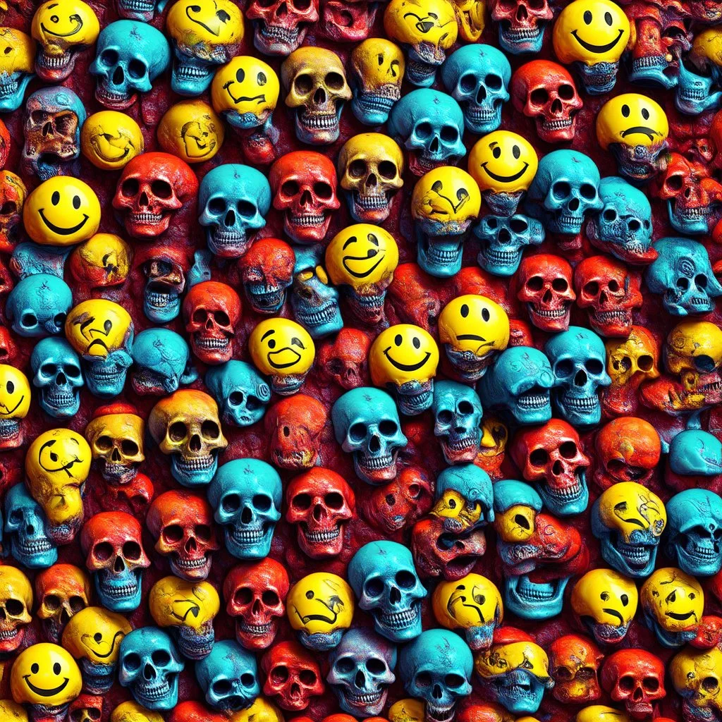 ANATOMICALLY CORRECT digital photograph of wall of multicolored SKULLs OF freshly skinned SMILEY FACEs with fine line, highly detailed, high resolution, 8k 3d, vray, horrorcore, vivid, btight