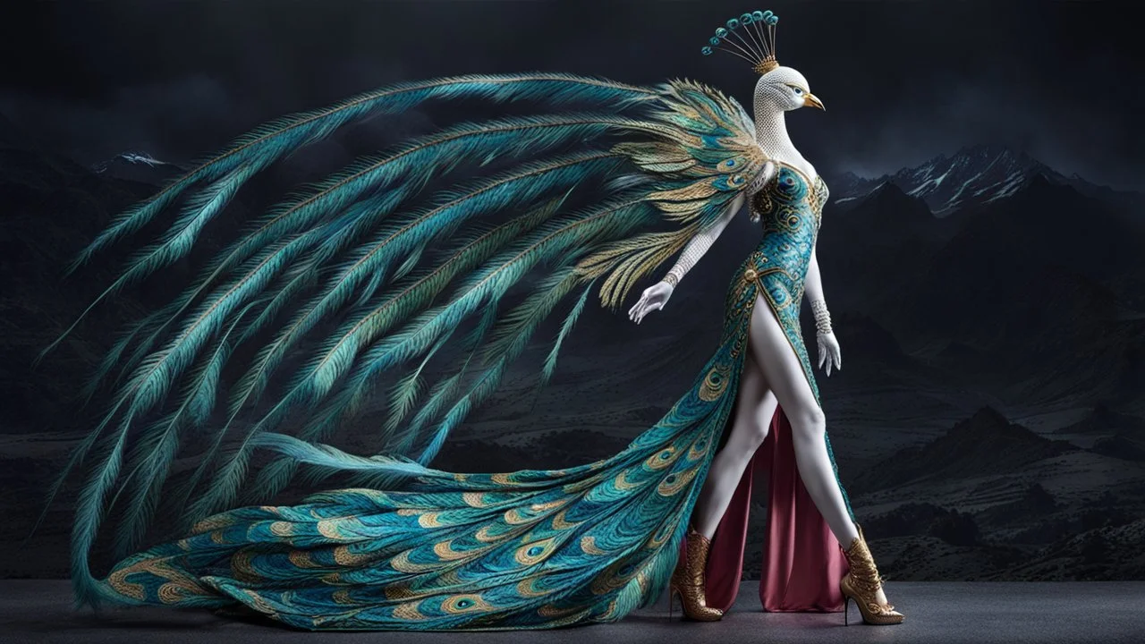 A majestic figure with a bird-like head and long, flowing feathers that resemble a peacock's tail. The figure stands against a dark, mountainous backdrop. The feathers are vibrant with shades of blue, green, and gold, and they spread out dramatically, almost as if they are in motion. The figure's body is adorned with intricate patterns and designs, and it wears a long, flowing dress that mirrors the colors and patterns of the feathers. The dress has a high slit on one side, revealing a leg.