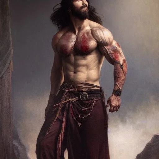 painted portrait of rugged man, blood stained, dark long hair, masculine, handsome, upper body, grey and silver, muscular, hairy torso, fantasy, intricate, muscular, elegant, highly detailed, digital painting, artstation, concept art, smooth, sharp focus, illustration, art by gaston bussiere and alphonse mucha