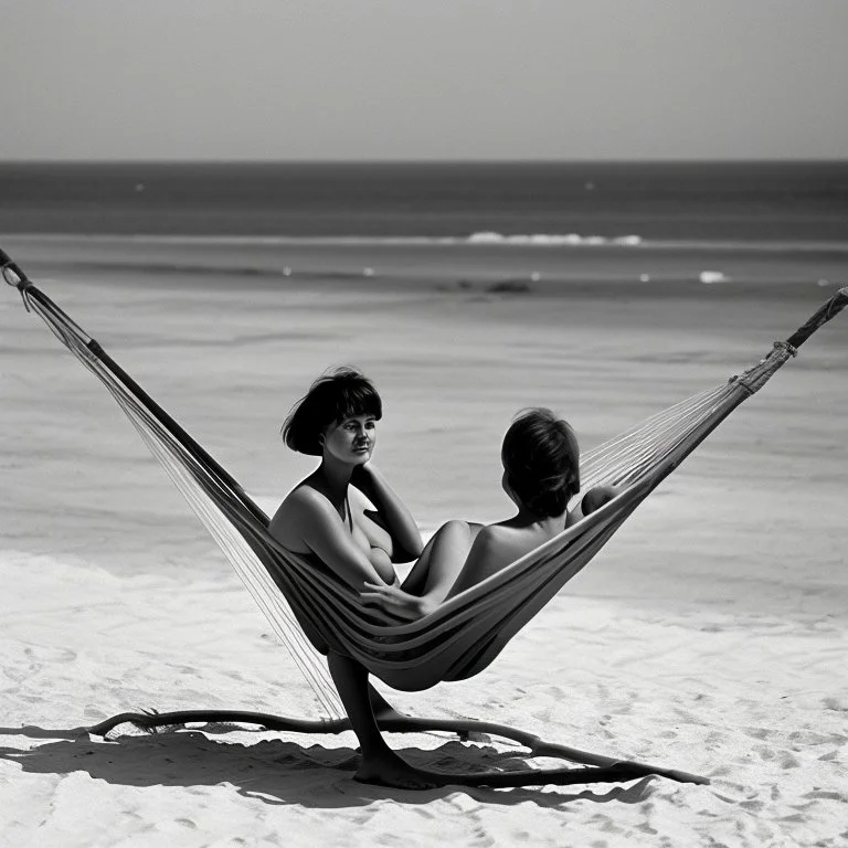 mujer sentada en una hamaca de madera en la playa, fotografía real, fotografía realizada con un cámara Fuji y objetivo de 35mm, fotografía en blanco y negro, tono años 60