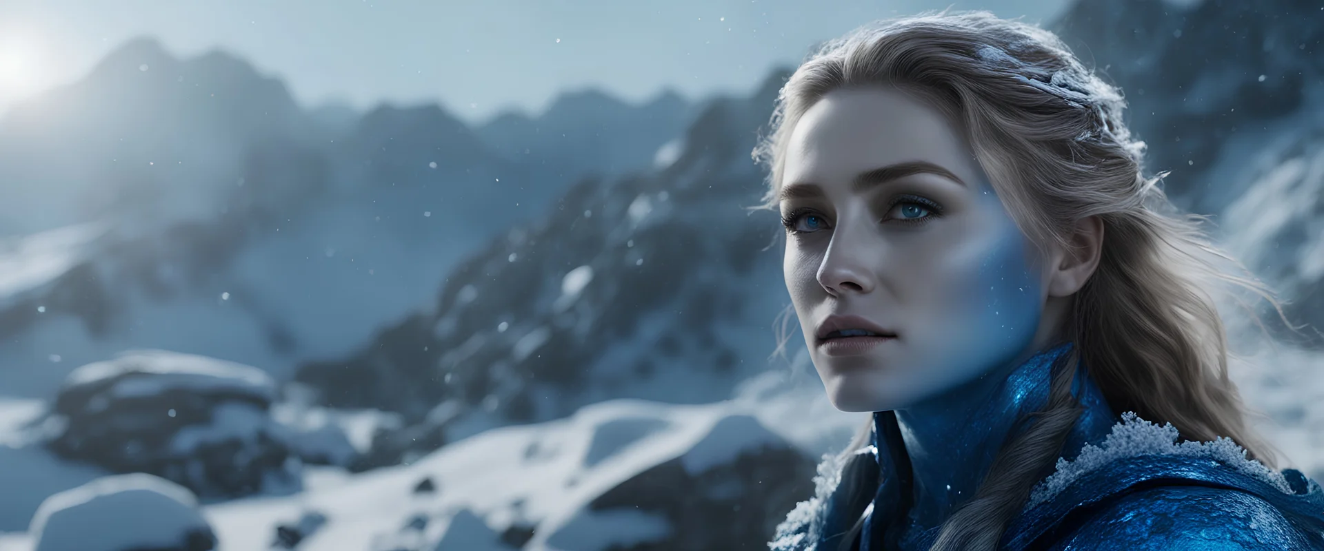 Photoreal gorgeous blue scaled triton ranger woman with blue scaled blue skin blue as blue amber heard in an ice covered mountain landscape snowing at night by lee jeffries, otherworldly creature, in the style of fantasy movies, photorealistic, bokeh masterpiece smooth shading, ultra detailed, high resolution, cinematic, unreal 6, subtle shadows, octane render, 8k, cinema 4d, HDR, dust effect, vivid colors