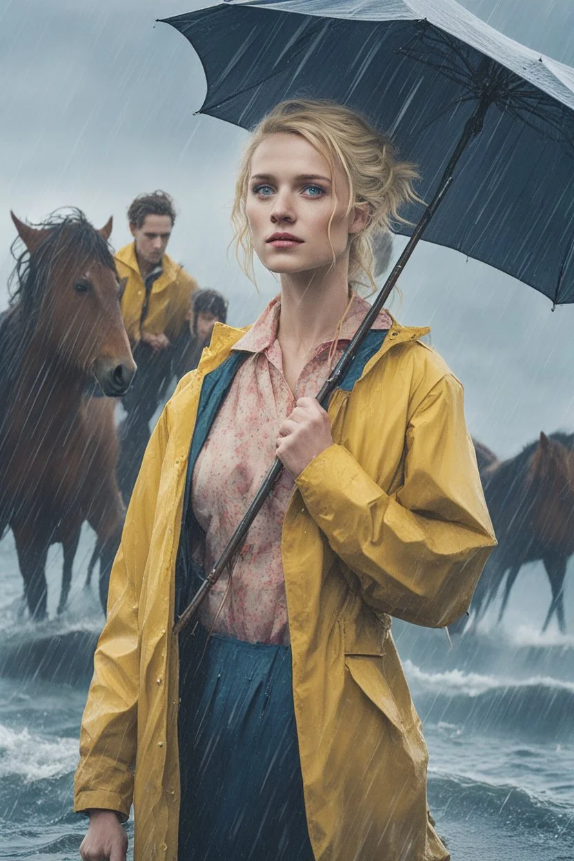 In the music video, a 23-year-old woman with blonde hair and bright blue eyes stands in the sea, se has a bun. dressed in a yellow fisherman's jacket. She holds an umbrella, but it offers no protection from the pouring rain. Around her, heavy horses are moving. The rain is pouring heavily. She is standing in the middle of the sea. You can see here completely. Horses only the girl and horses, i wanna see the horses dancing around her. She is wearing a fishers outfit. NOT SEXY!!