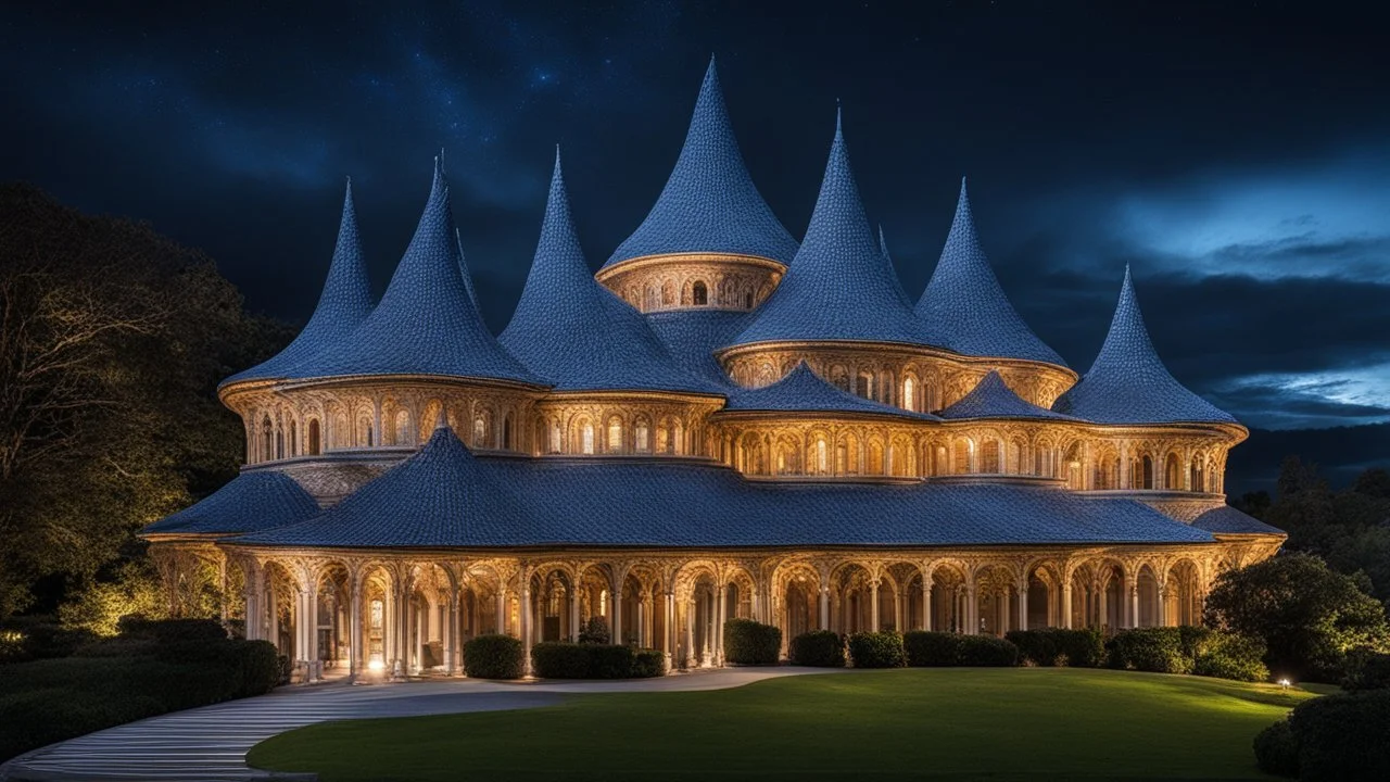 142857, delightful, sensitive, fantastic, confident, undulating sinusoidal castle with hyperbolic roofs, delicate, night, darkness, architecture, award-winning photograph, beautiful composition, dreamlike, filled with beautiful detail, delicate colour, chiaroscuro