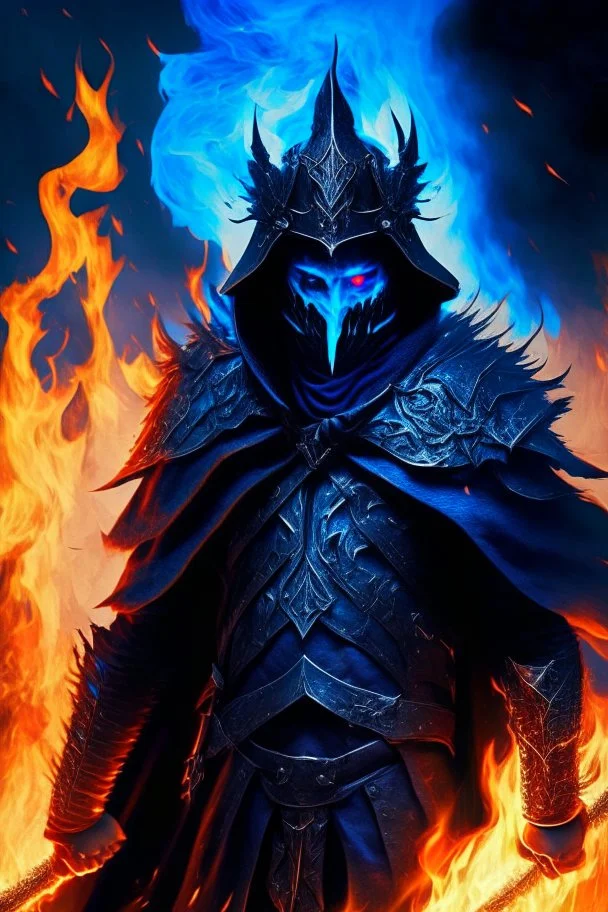 A warrior with a matte black combat helmet and eyes with bright blue flaming pupils, a black cape and a long coat with long combat boots and a long, sharp and fiery spear and with his helmet under A picture of hell with hellish people in tormenthis cape and two blue flames instead of eyes