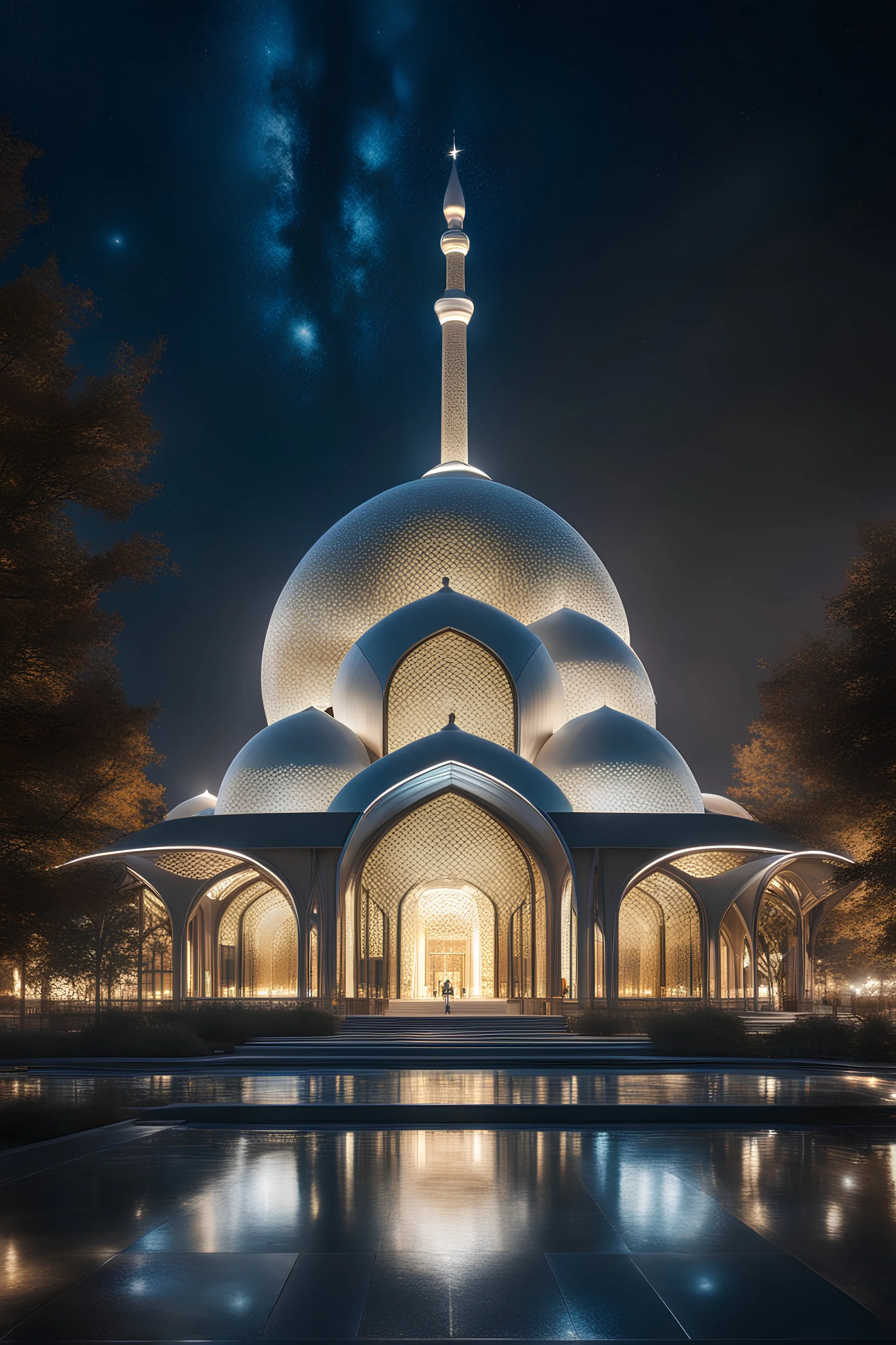 Night Photography Modern Futuristic Luxury Mosque full of lights in Park City, concept science fiction art