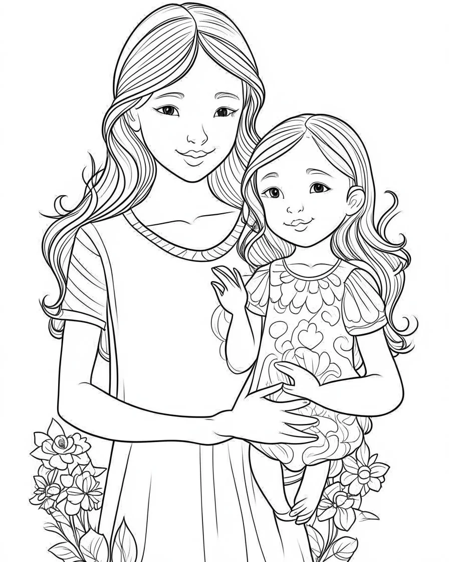 mother coloring pages, no black color, no no flower, b/w outline art for kids coloring book page, Kids coloring pages, full white, kids style, white background, whole body, Sketch style, full body (((((white background))))), only use the outline., cartoon style, line art, coloring book, clean line art, white background, Sketch style