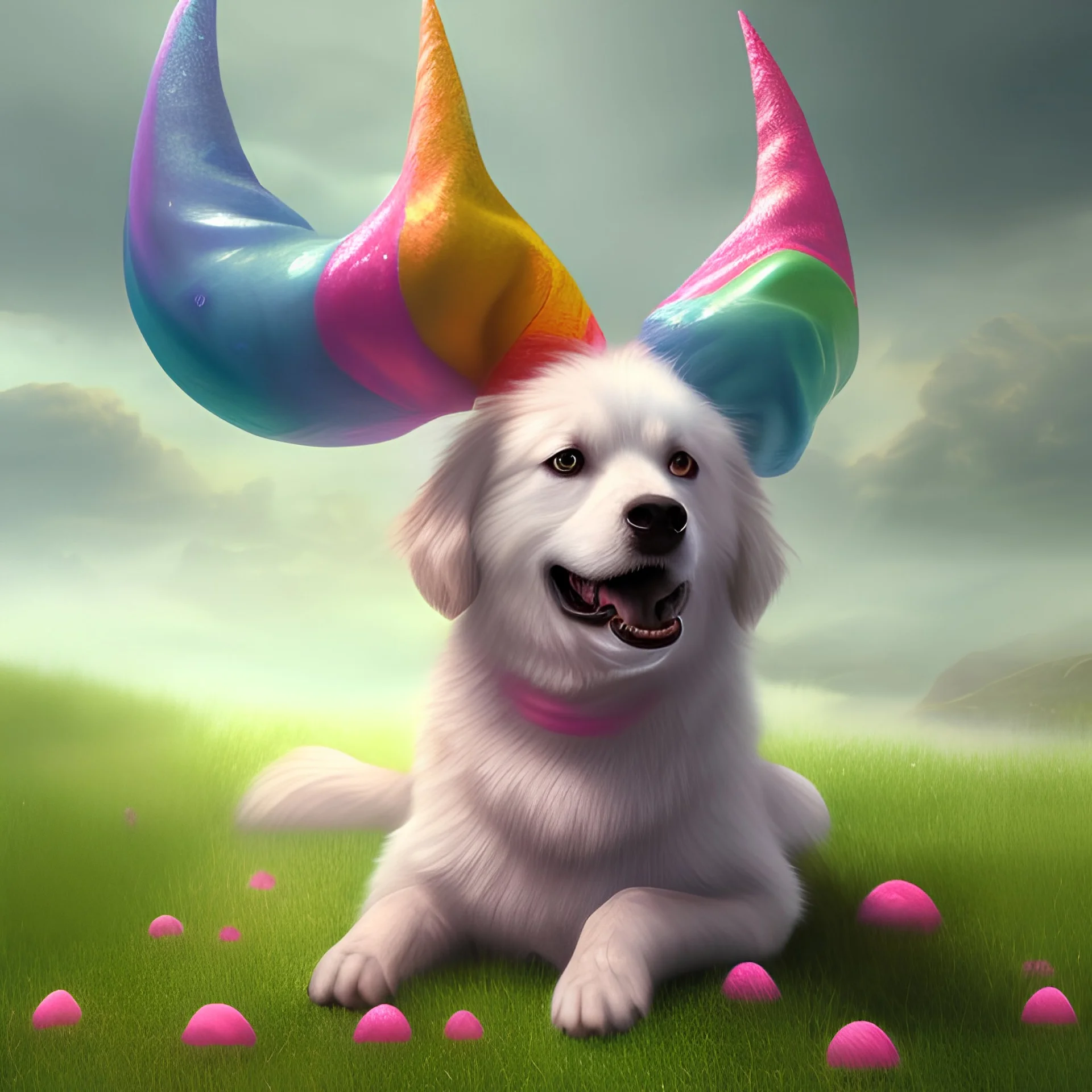 dog, with rainbow pink horn, nail polish, in house, with trees, detailed, RTX, fantasy, 8K