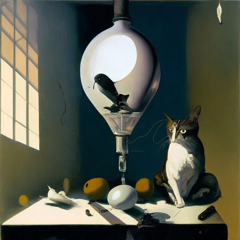 human flesh-like surgical instruments and universe-like neuralink, a cat looking at a pigeon inside a huge bulb between light and shadow at dusk,surrealism,minimalism,Painting By Adrian Ghenie, Rene Magritte, Salvador Dali, Lucian Freud