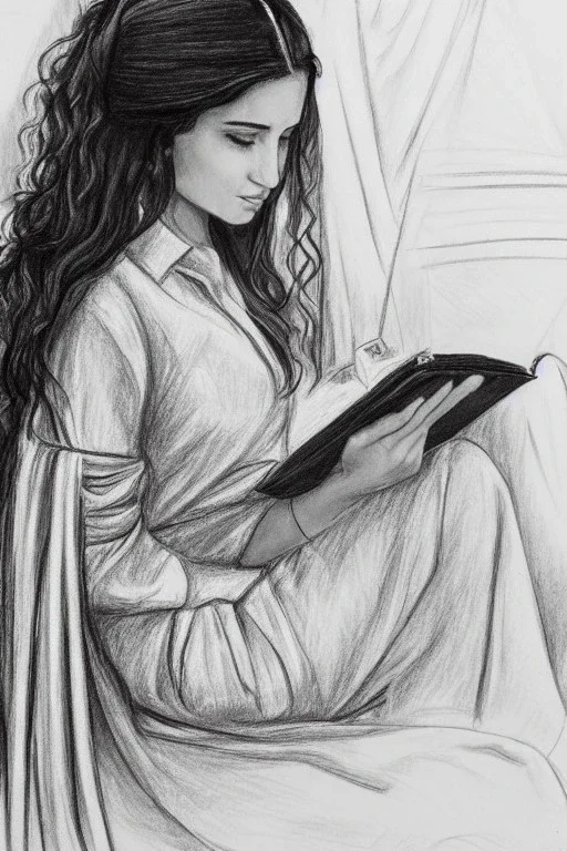 Pencil sketch of Young woman, Arab features,sad, long wavy hair, reading a book, full body، on lined paper