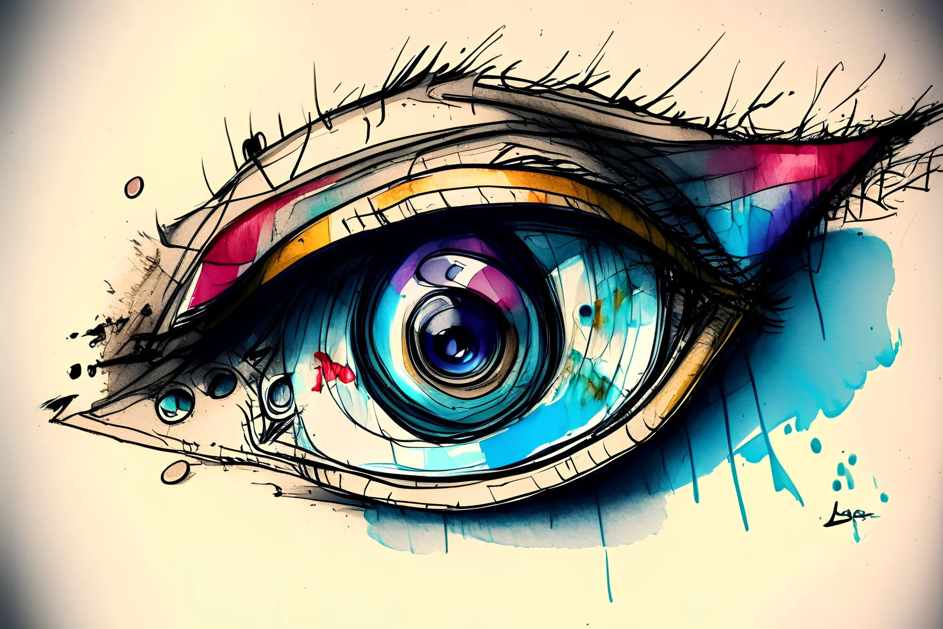 sketch style with a bit of color, an eye with a camera lens in it